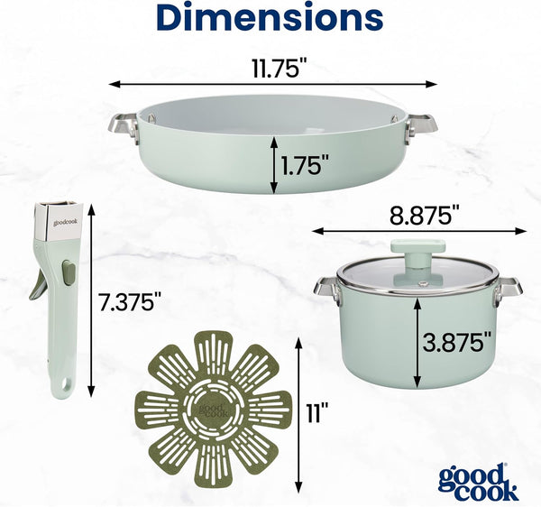 Ceramic Cookware Set 5-Piece with Removable Handle, Induction Compatible, Nonstick and Oven Safe with 9.5-Inch Frypan, Sage Green5