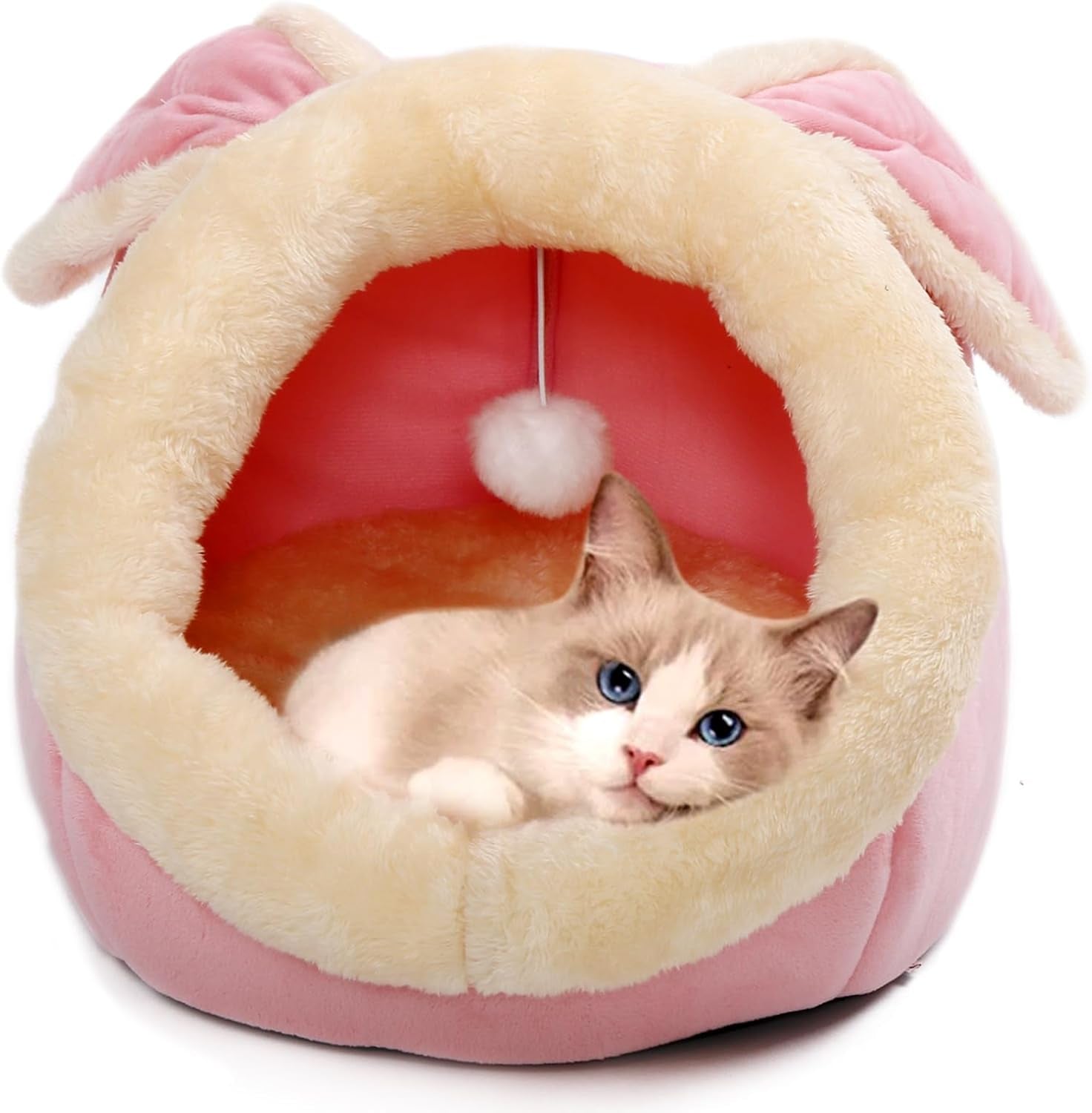 cat-beds-for-indoor-cats-rabbit-shaped-cat-cave-bed-with-hanging-toy-grey-m-super-soft-calming-cat-tent-house-for-kitten-puppy-warm-plush-machine-washable-removable-cushioned-pad-cute-cat-hideaway