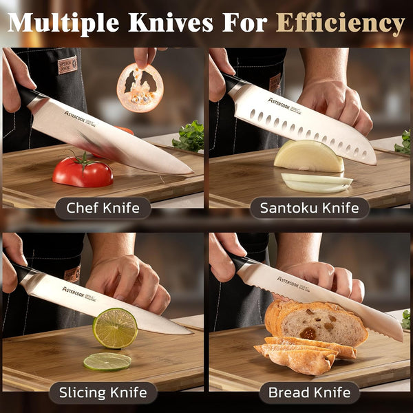 Knife Set, Kitchen Knives Set with Block and Sharpener Full Tang 17 Pcs German Stainless Steel Knives Sharp Blade Dishwasher Safe Premium Knife Set, Black Father Day Gifts for Men6