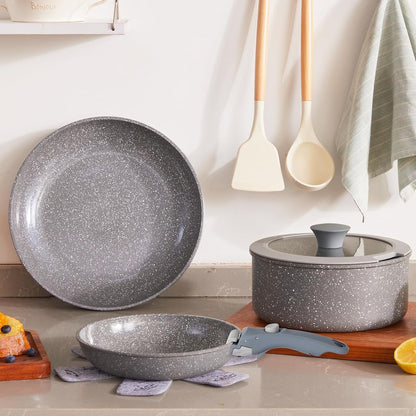 Gray Non Stick Pot and Pan Set with Removable Handle, Ceramic Cookware Set Detachable Handle, 5Pcs Induction Kitchen Camping Stackable Pots Pans, Dishwasher/Oven Safe, PTFE/PFAS/PFOA Free1