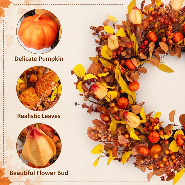 26" Fall Wreath for Front Door Pumpkin Artificial Wall Decor Autumn | Thanksgiving Fall Door Wreath Home Decor Porch Window Outdoor Indoor Door Fall Decorations Holiday Harvest Farmhouse3