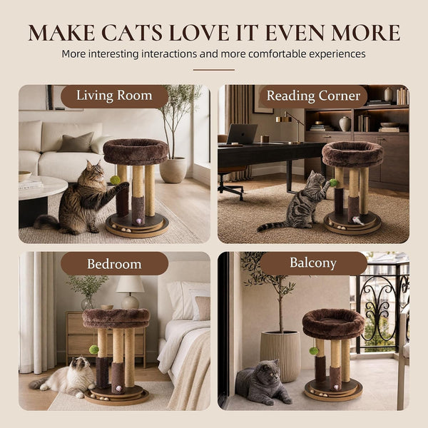 22 Inch Heavy-Duty Cat Scratching Post with Cozy Plush Bed, 3 Sisal Scratching Posts, Interactive Cat Scratcher with Grooming Brush, Hanging Pom-Pom, Track Balls & Mouse Toy for Indoor Cats8