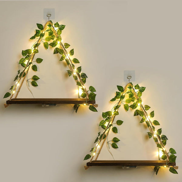 Floating Shelves for Wall,Hanging Shelves,Room Decor,Wall Decor,Boho Decor | Floating Shelves No Drill,Trinket Shelf,Cottage Core Wall Decor,2-Pack Shelf Set Includes Artificial Ivy & LED Lights1