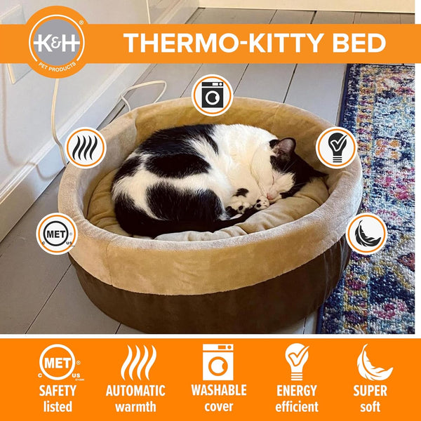 K&H Pet Products Thermo-Kitty Bed Heated Cat Beds for Large Indoor Cats & Dogs, Calming Warming Pillow Pet Bed, Machine Washable, Removable Heater, Safety Listed - Large 20" round Mocha/Tan5