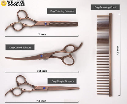 Dog Grooming Scissors Kit, 4 Pieces, Curved, Straight & Thinning Shears Set | Professional Dog Grooming Shears for at Home Doodle & Poodle Hair, Pet Face & Paw Scissors for Goldendoodle, Stainless Steel3