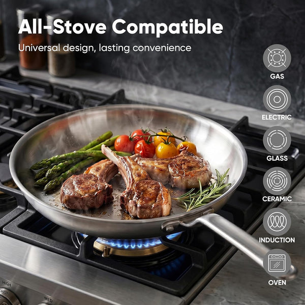 12" 5-Ply Stainless Steel Frying Pan | Dual Aluminum Core, Uncoated Surface, Oven & Broiler Safe 800°F, Induction Ready, Dishwasher Safe, Searing & Family Meals4