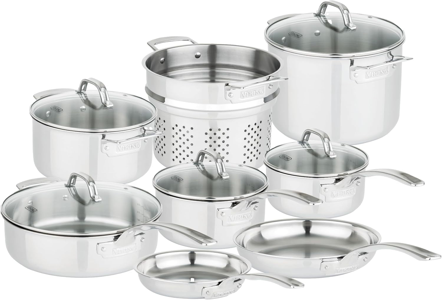 viking-3-ply-pots-and-pans-set-13-piece-stainless-steel-cookware-glass-lids-strainer-silver
