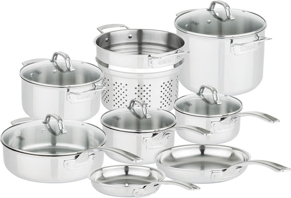 Viking 3-Ply Pots and Pans Set, 13 Piece Stainless Steel Cookware, Glass Lids, Strainer, Silver1
