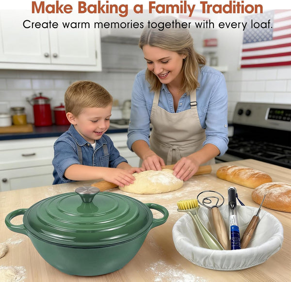 5QT Enameled Cast Iron Dutch Oven for Bread & Multi-Cooking – Complete Sourdough Starter Kit with Lid ,Probe Thermometer, Proofing Basket, Silicone Sling & Gift Packaging Bags,Oven Safe up to 500°F(Green)4
