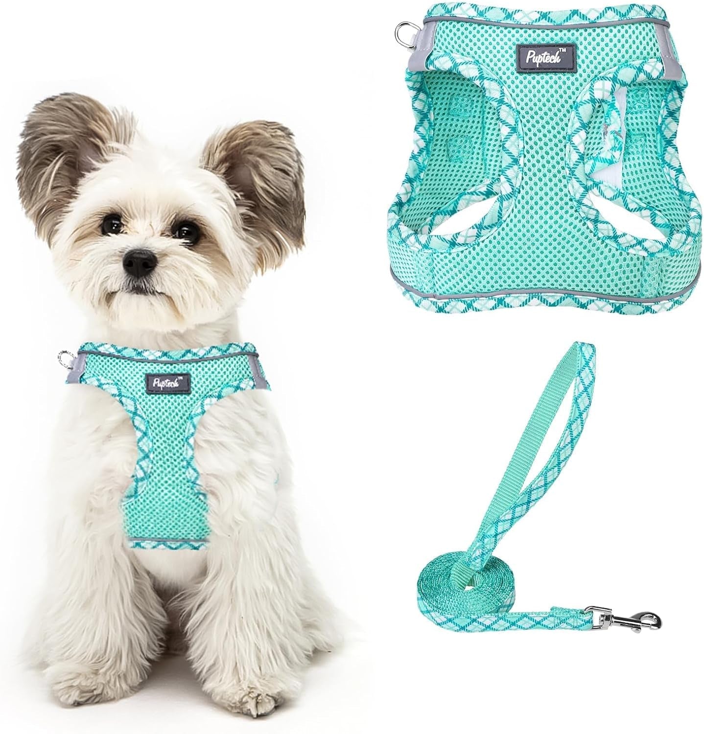 pupteck-dog-harness-and-leash-set-for-small-medium-dogs-no-pull-step-in-soft-mesh-puppy-cat-vest-harnesses-reflective-at-night-green-s