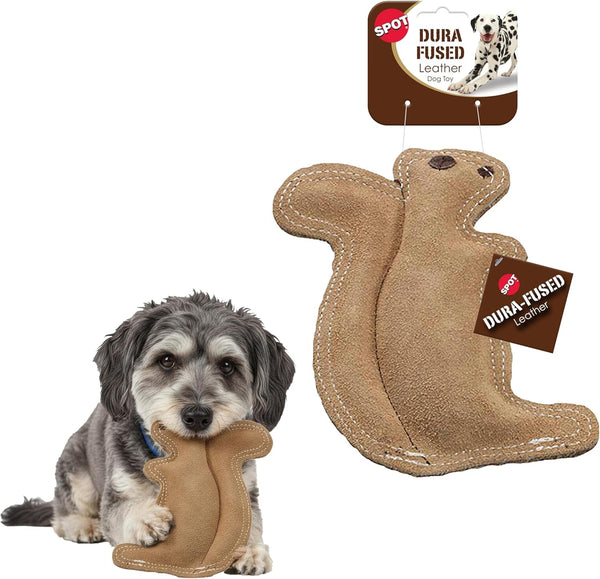 SPOT Dura-Fused Leather Squirrel Dog Toy – Real Leather & Jute Fabric, Double-Stitched & Durable, Soft Stuffed Squeaky Interactive Chew Toy for Moderate Chewers, Small & Medium Dogs, 8In1