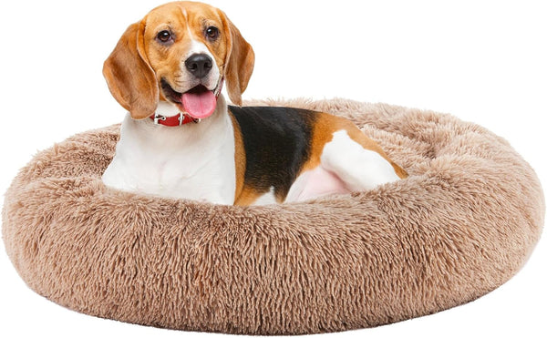DUMOS 30.7 Inch Donut Dog Bed, Faux Fur Plush, Grey | Machine Washable Cuddler Warming Cozy Fluffy Faux Fur Plush round Pet Bed, Anti-Slip Bed for Indoor Dogs and Cats11