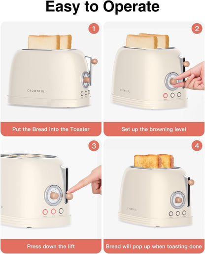 2-Slice Toaster, Extra Wide Slots Toaster, Retro Stainless Steel with Bagel, Cancel, Defrost, Reheat Function and 6-Shade Settings, Removal Crumb Tray, Cream5