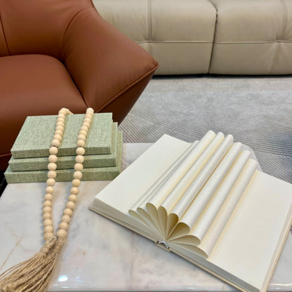 Linen Decorative Books for Home with Wood Beaded Tassel, 4-Piece Sage Set | Coffee Table Books, Neutral Linen Decor, Rustic Farmhouse Boho Accent, Bookshelf Fireplace Mantel Living Room Display4