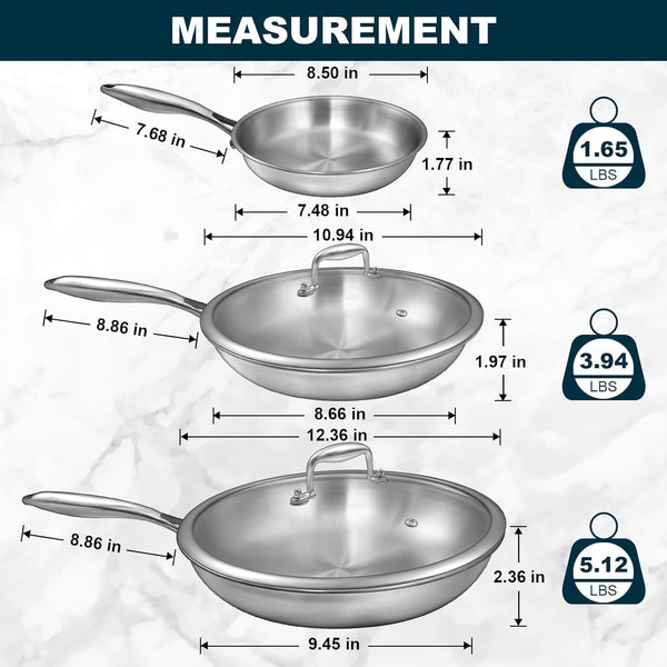 Tri-Ply Stainless Steel Frying Pans Set with Lid,  8”/10”/12” Cooking Pans, PFOA&PTFE Free Skillet, Induction Cooking Pan, Dishwasher and Oven Safe, Fast & Even Heat, Suitable for All Stove3