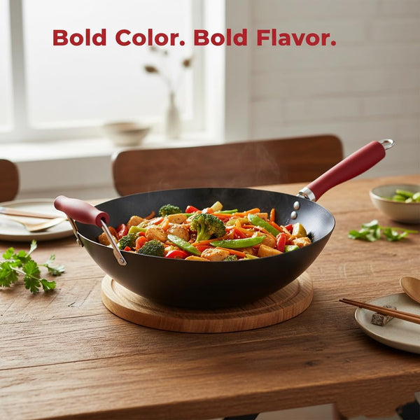 14 Inch Red Wok with Flat Bottom, Carbon Steel Stir Fry Pan with Wooden Handle, Deep Cooking Wok for Gas, Electric & Induction Stovetops2