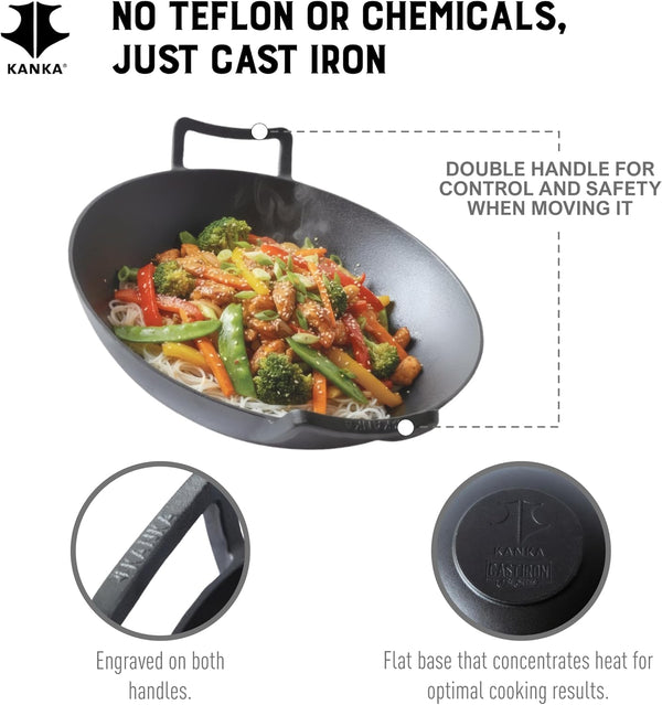Cast Iron Wok & Skillet – 14 Inch Pre-Seasoned Nonstick Stir Fry Pan with Flat Base & Ergonomic Handles Ideal for Deep Frying, Sautéing, Grilling, & Camping Outdoor Cookware – Black3