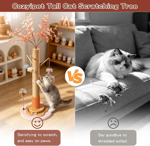 45" Tall Cat Scratching Post for Large Cats Adults | Grooming Brush, Track Ball, Spring Feeder & 3 Bee Toys, Sisal Rope Large Cat Scratcher Tree with Leaves for Indoor Cats, Pink6