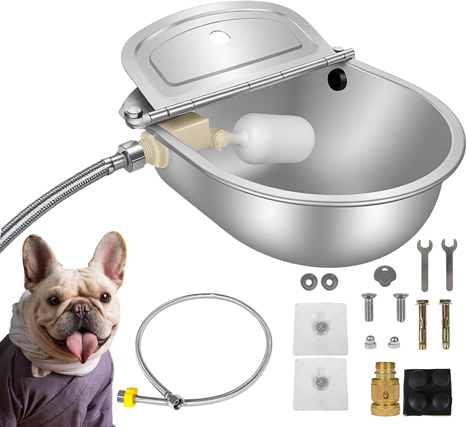 automatic-pet-water-bowl-with-float-valve-304-stainless-steel-includes-bowl-valve-40-hose-adapters-bolts-wrench-fits-1-2-3-4-faucets-for-dogs-livestock-drain-hole