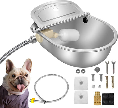 Automatic Pet Water Bowl with Float Valve, 304 Stainless Steel, Includes Bowl, Valve, 40" Hose, Adapters, Bolts, Wrench, Fits 1/2" & 3/4" Faucets, for Dogs/Livestock, Drain Hole1