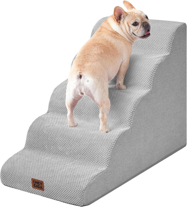 EHEYCIGA Curved Dog Stairs Ramp for 5-Step High Beds, 22.6" H Dog Steps | 33D Density of Pure Foam, for Small Dogs and Cats, Pet Stairs for High Bed Climbing, Non-Slip Balanced Pet Step Indoor, Grey50