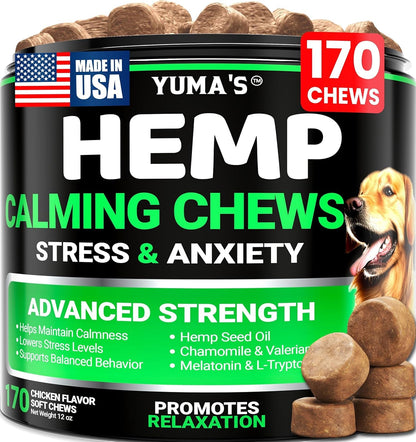 Hemp Calming Chews for Dogs - Advanced Dog Calming Chews - 170 Chews - Anxiety Relief Treats - Separation Aid, Barking, Stress Relief, Thunderstorms - Melatonin - Hemp Oil - Made in USA1