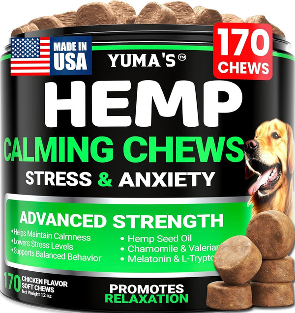 Hemp Calming Chews for Dogs - Advanced Dog Calming Chews - 170 Chews - Anxiety Relief Treats - Separation Aid, Barking, Stress Relief, Thunderstorms - Melatonin - Hemp Oil - Made in USA1