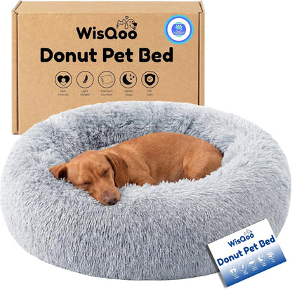 Calming Donut Dog Bed – Faux Fur Anti-Anxiety Pet Bed with Removable Washable Cover & Water-Resistant Liner – Plush Fluffy round Nest, Non-Slip Bottom for Dogs & Cats – Small, Grey1