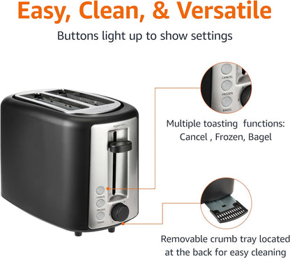 2 Slice Toaster, Extra Wide Slots for Bagels, 6 Browning Settings, Removable Crumb Tray, Defrost/Cancel/Bagel Buttons, Cord Wrap, 900W, Black & Silver4