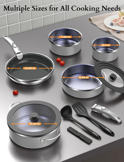 Ceramic Pots and Pans Set Non Stick, 2026 Upgraded Hybrid Frypan, 1.5&2 QT Saucepans with Lid, Oil-Less Cooking, PFAS Free Non Toxic, Induction Ready,Oven&Dishwasher Safe,Removable Handle,12Pc11