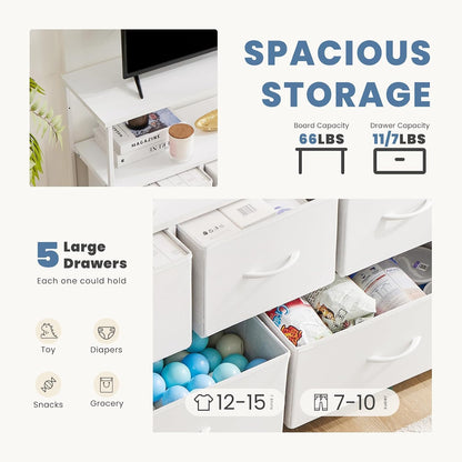 TV Stand Dresser, Media Console, Storage Drawers | 5 Fabric Open Shelf, Compact Entertainment Unit for Bedroom, Living Space, Dorm Organization, White4
