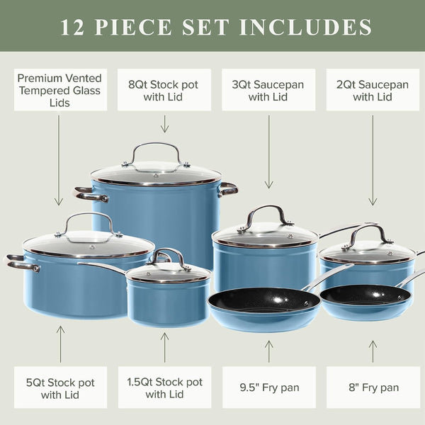 Healthy Duralon Blue Ceramic Nonstick Cookware Set, Diamond Infused Scratch-Resistant, PFAS Free, Dishwasher & Oven Safe, Induction Ready & Evenly Heats, Tempered Glass Lids & Stay-Cool Handles | Scratch-Resistant, Dishwasher & Oven Safe, Induction Ready & Evenly Heats, Tempered Glass Lids & Stay-Cool Handles9