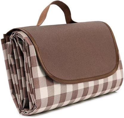 Waterproof Picnic Blanket with Carry Strap - Foldable Sandproof Outdoor Mat for Camping, Beach, Park - 59" X 71",Coffee Grid (Single Mat)4