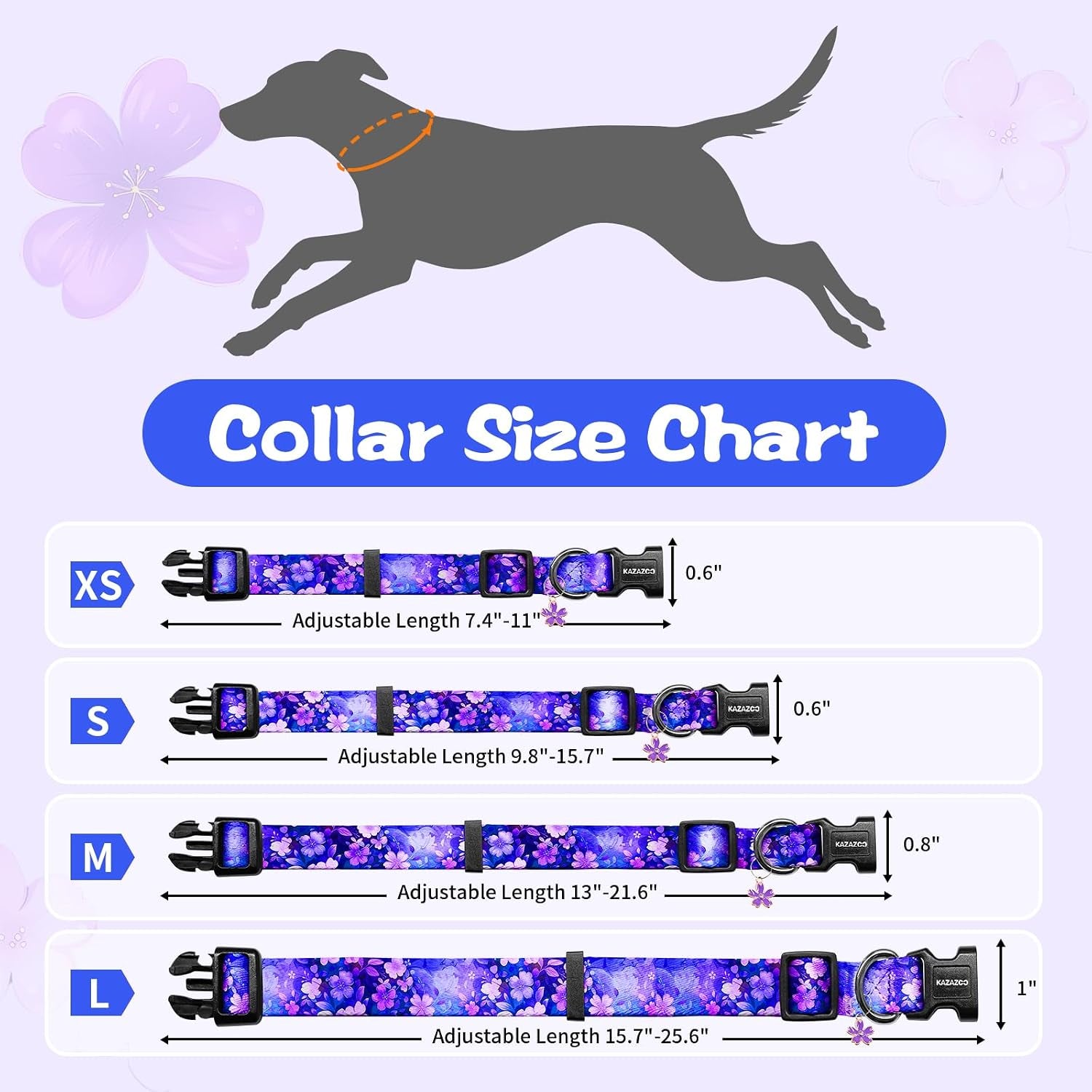 kazazoo-dog-collar-cute-and-soft-nylon-puppy-collar-girl-dogs-adjustable-purple-dog-collars-for-medium-dogs-purple-flowers-m