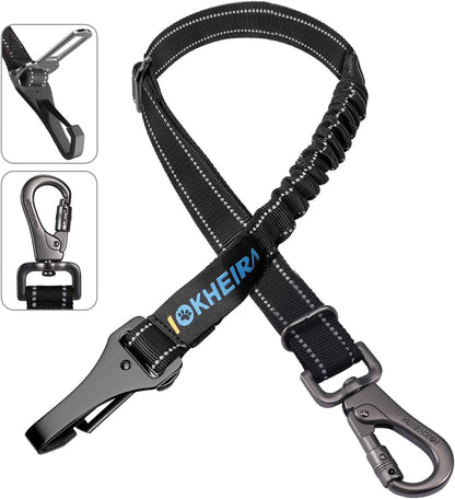 Dog Seat Belt 3-In-1 Car Harness for Dogs Adjustable Safety Seatbelt for Car Nylon Reflective Bungee Fabric Dog Car Harness with Clip Hook Latch & Buckle, Swivel Zinc Alloy Carabiner (Black)1