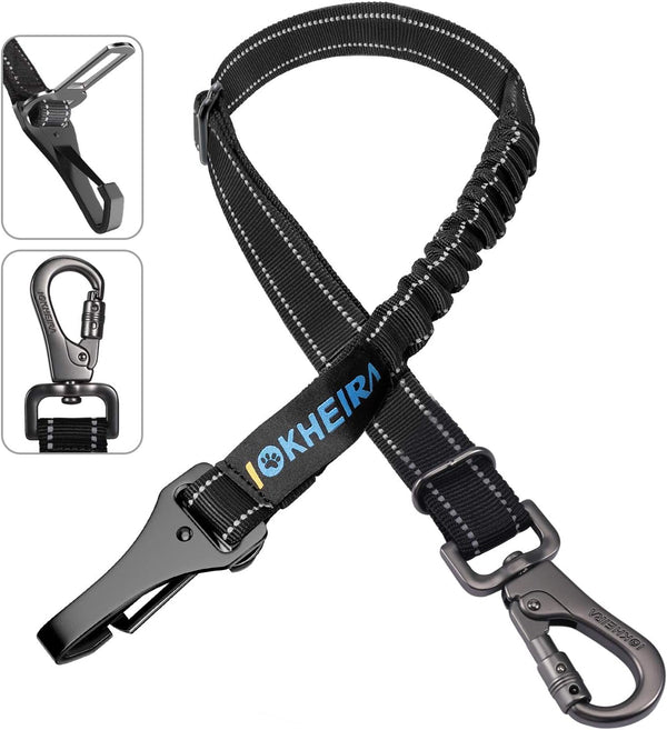 Dog Seat Belt 3-In-1 Car Harness for Dogs Adjustable Safety Seatbelt for Car Nylon Reflective Bungee Fabric Dog Car Harness with Clip Hook Latch & Buckle, Swivel Zinc Alloy Carabiner (Black)1