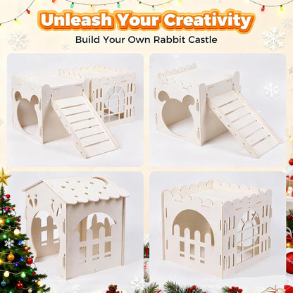 Large Rabbit House, Wooden Bunny Castle with 3 Houses Indoor, Rabbit Guinea Pig Cage Multistory Climbing Tower Sturdy Wooden Castle, Small Animal Hideaway Tunnel6