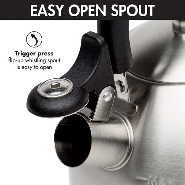 Stewart Whistling Tea Kettle for Stovetop, Stainless Steel Stove Top Kettle with Fast Boil Whistling Spout and Cool Touch Folding Handle, 1.5-Quart, Brushed Silver with Black Handle6