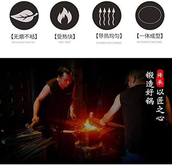Chinese 100% Hand Hammered Iron Woks Stir Fry Pans, Non-Stick, No Coating, Less Oil, 34CM, Black Seasoned Wooden Handle, Masterchef7