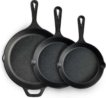 Cast Iron Skillet 3-Piece Set, Heavy-Duty Professional Restaurant Chef Quality Pre-Seasoned Pan Cookware Set, 6", 8", 10" Pans for Frying, Saute, Cooking, Use Indoor/Outdoor, Oven, Grill1