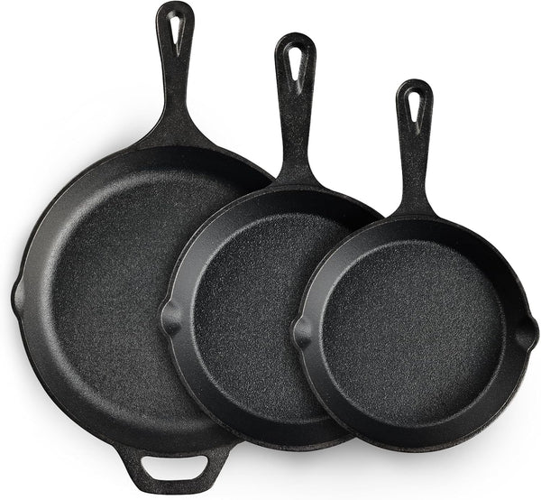 Cast Iron Skillet 3-Piece Set, Heavy-Duty Professional Restaurant Chef Quality Pre-Seasoned Pan Cookware Set, 6", 8", 10" Pans for Frying, Saute, Cooking, Use Indoor/Outdoor, Oven, Grill1