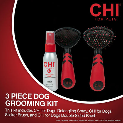 CHI for Dogs Small Dog Detangling Kit, 3-Piece Grooming Set with Detangling Spray, Slicker Brush, and Double-Sided Pin-And-Bristle Brush for Small Breeds with Tangles and Mats, Includes Zipper Pouch2