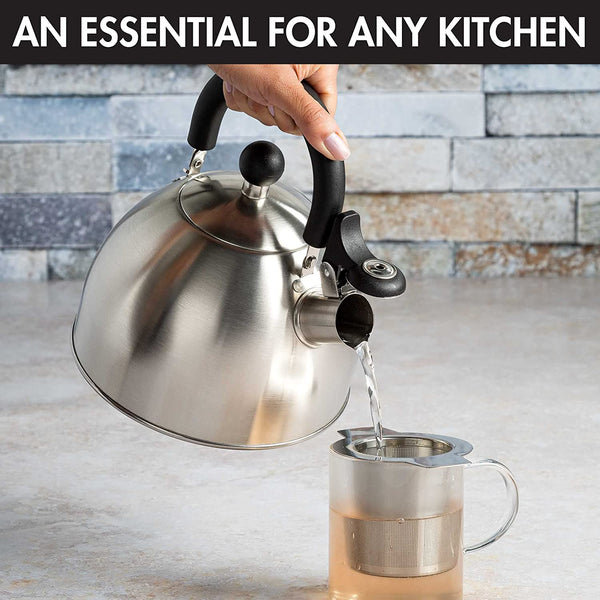 Stewart Whistling Tea Kettle for Stovetop, Stainless Steel Stove Top Kettle with Fast Boil Whistling Spout and Cool Touch Folding Handle, 1.5-Quart, Brushed Silver with Black Handle2