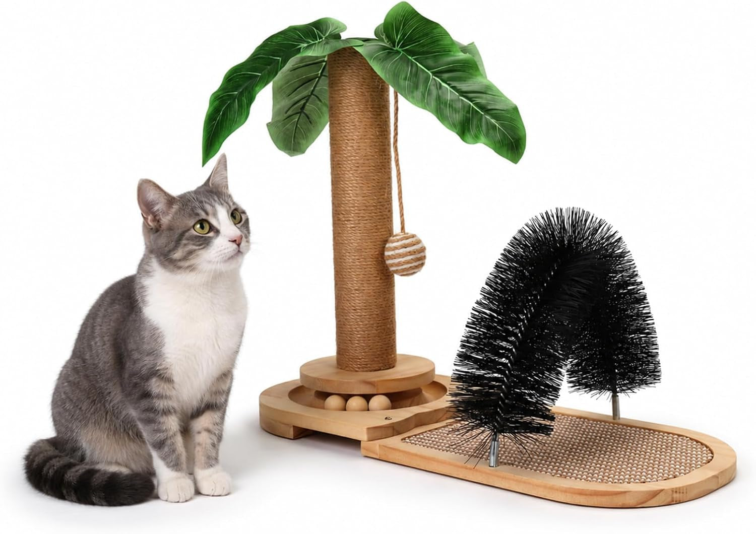 16-5-tall-sisal-cat-scratching-post-with-self-groomer-interactive-sisal-hanging-ball-fun-wooden-rolling-balls-for-small-cats-to-play-indoors-natural-sisal-cat-scratch-posts