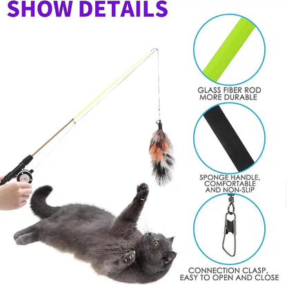Retractable Cat Teaser Wand Toy, Cat Toys for Indoor Outdoor Cats Interactive Fishing Rod with 8 Pcs Refills Feather Toy, Plush Mouse Caterpillar & Fish3