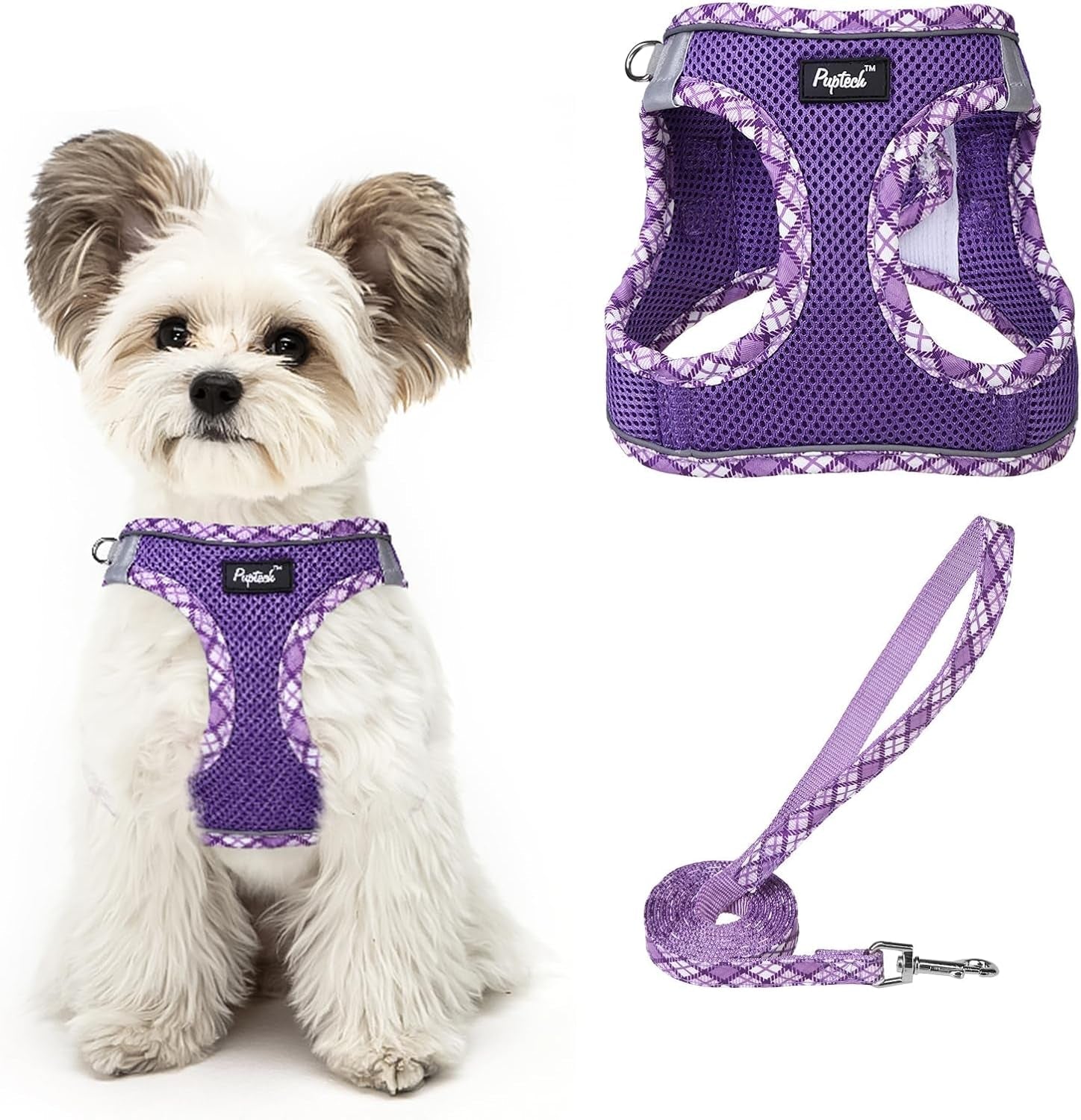 pupteck-dog-harness-and-leash-set-for-small-medium-dogs-no-pull-step-in-soft-mesh-puppy-cat-vest-harnesses-reflective-at-night-green-s