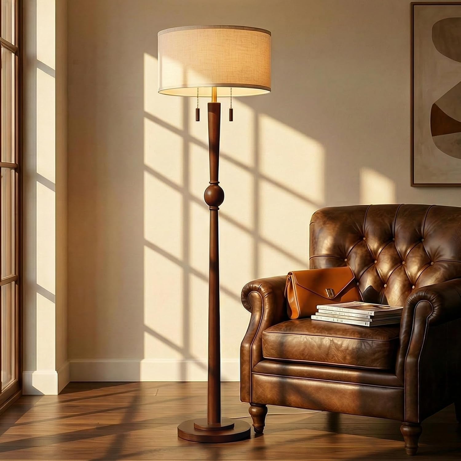 solid-wood-floor-lamp-for-living-room-with-wooden-pull-chains-62-8-tall-sculptural-wood-base-stem-17-linen-drum-shade-2-light-standing-lamp-for-bedroom-reading-corner-bulbs-included