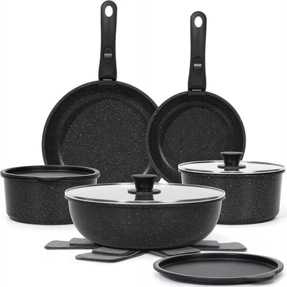 15Pcs Pots and Pans Set Non Stick, Detachable Handle, Induction | Nonstick,Black, Aluminum, Granite Coating,Induction Ready, RV Kitchen, Stackable Design, Space-Saving for Small Kitchens1