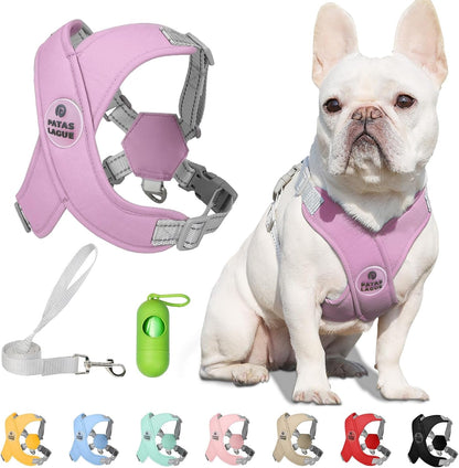 Patas Lague Dog Harness with Leash Set Adjustable Soft Padded Step-In Dog Vest No Choke No Pull Reflective for Small Medium Pets with Poop Bags and Dispenser, Solid and No-Chew, Pink M12