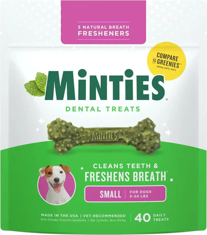 Minties Dog Dental Bone Treats, Tiny/Small Dental Dog Treats, 16 Ounces, Cleans Teeth, Fight Bad Breath, Removes Plaque and Tartar, 40 Count1